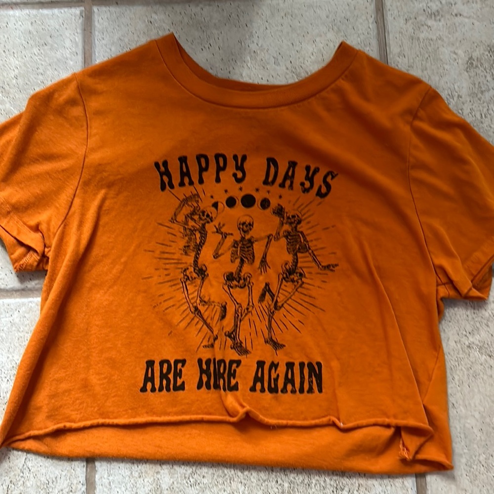 Social Scene Orange Medium Skeleton Graphic Crop Top